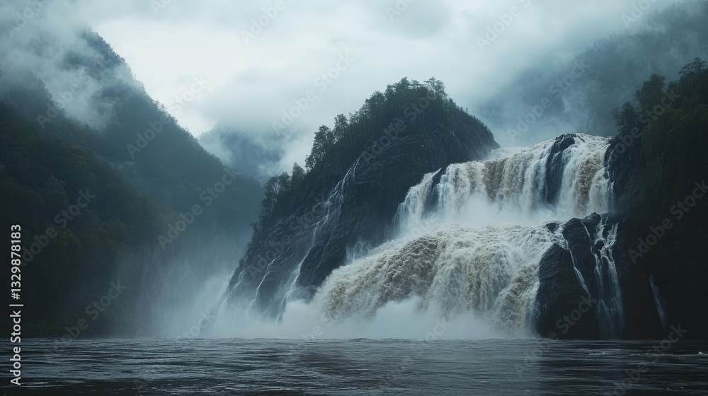 Fototapeta premium A mighty waterfall plunges into a boulder-strewn river with soaring pine trees and towering mountain peaks