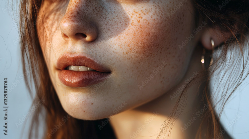 Obraz premium Close-up of caucasian young female with freckles in natural light.