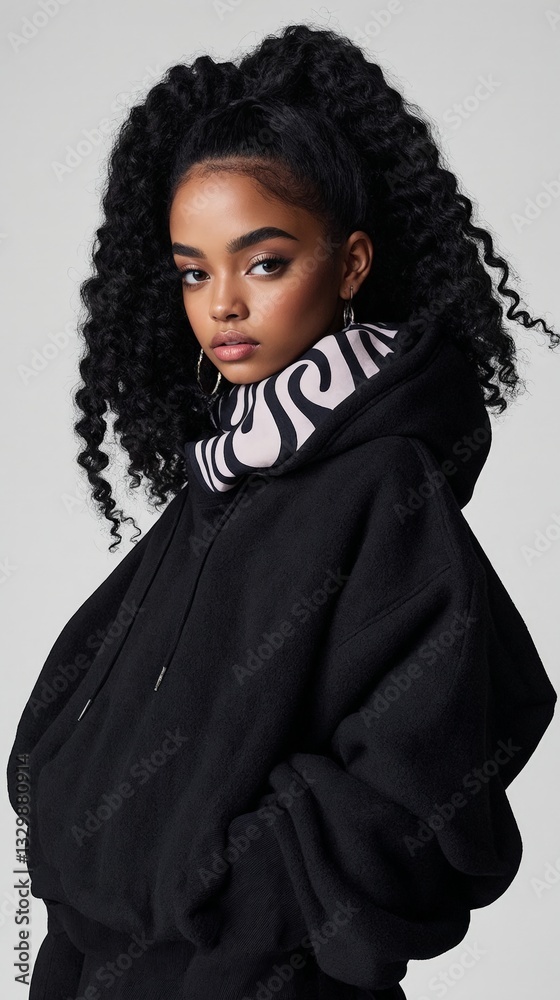 Fototapeta premium La modelo luce un conjunto urbano con un abrigo negro y un cuello de alta moda, destacando su cabello rizado.