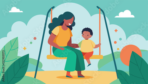 Joyful Mother's Day: A heartwarming flat color illustration of a loving mother and her child sharing a tender, playful moment outdoors, celebrating the special bond between parent 