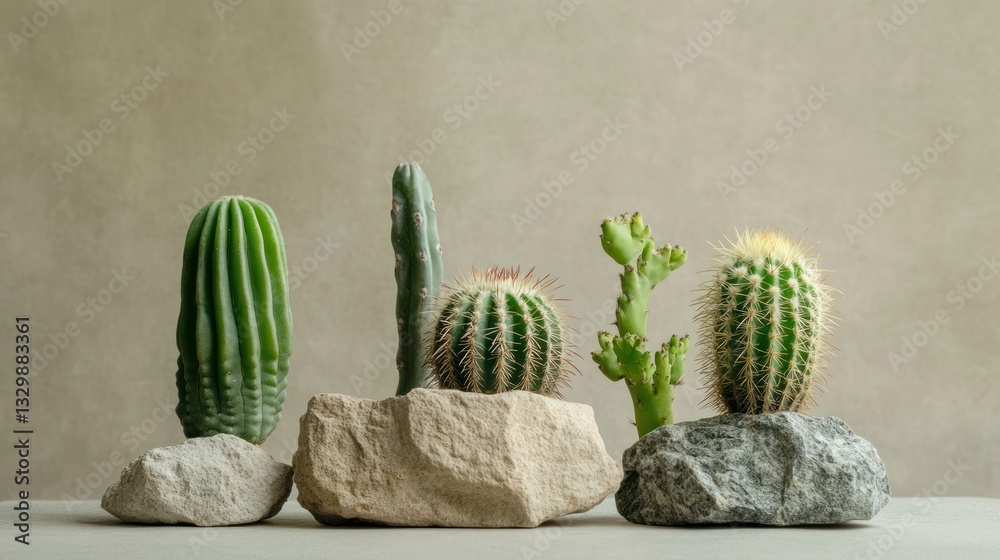 Several different cacti varieties sitting atop various sizes of stones Several different cacti varieties sitting atop various sizes of stones