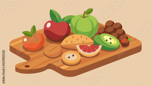 A wholesome spread of fruits and nuts each with its unique texture and taste presented beautifully on a polished wood tray.. Vector illustration