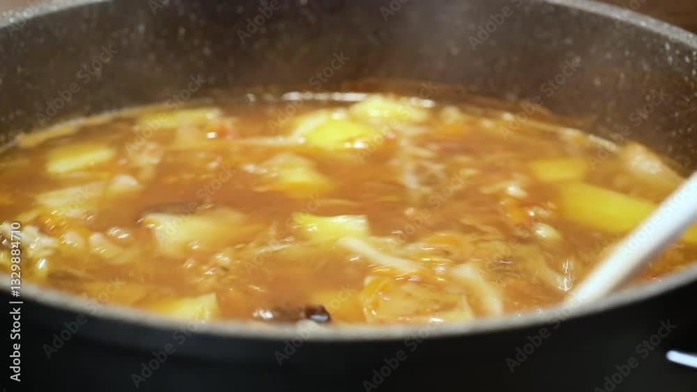 A pot of boiling soup on a gas stove A pot of boiling soup on a gas stove