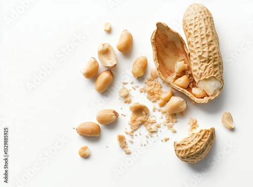 Shelled Peanuts and Fragments on White Background