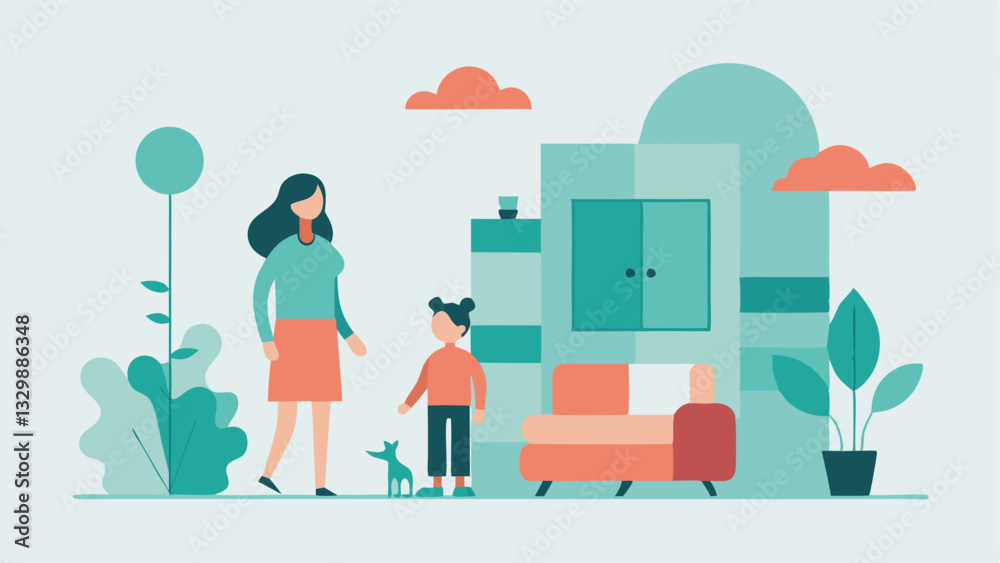 Happy Mother's Day: A Joyful Modern Family Moment. Flat color illustration of a loving mother and her child playfully exploring a bright, open, and contemporary living space, Happy Mother's Day: A Joyful Modern Family Moment. Flat color illustration of a loving mother and her child playfully exploring a bright, open, and contemporary living space,