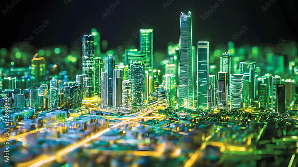 Obraz premium Futuristic cityscape at night with macro grid illustration showcasing neon lights creating a vibrant urban atmosphere.