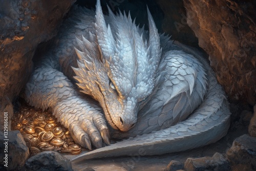 A dragon curled around a treasure hoard in a dimly lit cave, its scales glinting in the faint glow of gold and jewels