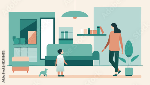Modern Family Happiness: A Mother and Child's Joyful Exploration of a Bright, Open Living Space. Perfect for Mother's Day cards, websites, blogs, and social media posts celebrating