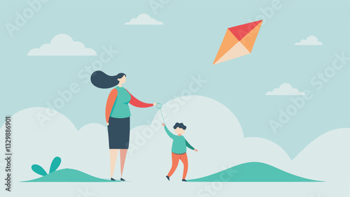 Mother's Day Joy: A heartwarming flat color illustration of a mother and child sharing a breezy day, flying a modern kite, symbolizing family love and springtime happiness. Perfect