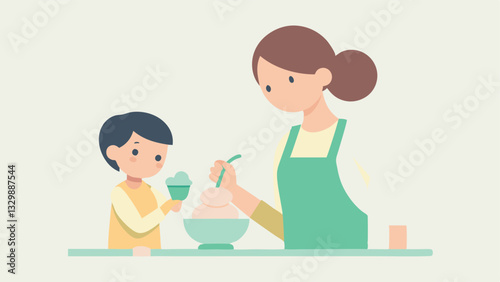 Sweet Mother's Day Memories: A heartwarming illustration of a mother and child creating delicious homemade ice cream together, symbolizing the joy of family bonding and cherished  