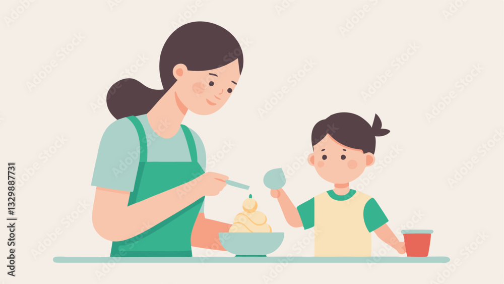 Sweet Mother's Day Memories: A heartwarming flat color illustration of a mother and child joyfully creating homemade ice cream together, symbolizing the sweet bond of family and Sweet Mother's Day Memories: A heartwarming flat color illustration of a mother and child joyfully creating homemade ice cream together, symbolizing the sweet bond of family and