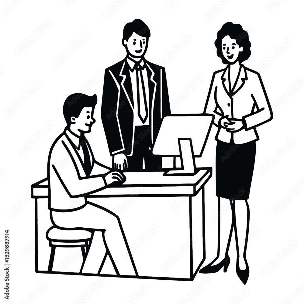 Office Collaboration: Illustrative depiction of three professionals engaged in collaborative work, with a sleek desk and computer monitor. Depicting team meetings, strategy sessions. Office Collaboration: Illustrative depiction of three professionals engaged in collaborative work, with a sleek desk and computer monitor. Depicting team meetings, strategy sessions.
