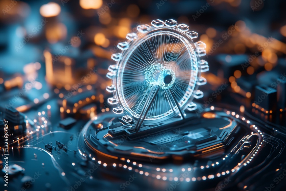 Fototapeta premium A futuristic Ferris wheel with transparent cabins glowing neon blue, spinning in a floating amusement park surrounded by holographic attractions