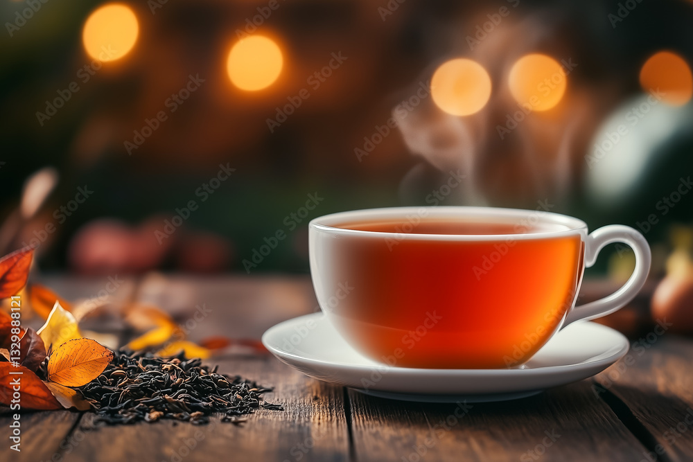Fototapeta premium Steaming Cup Of Herbal Tea On Wooden Table With Autumn Leaves And Warm Lights