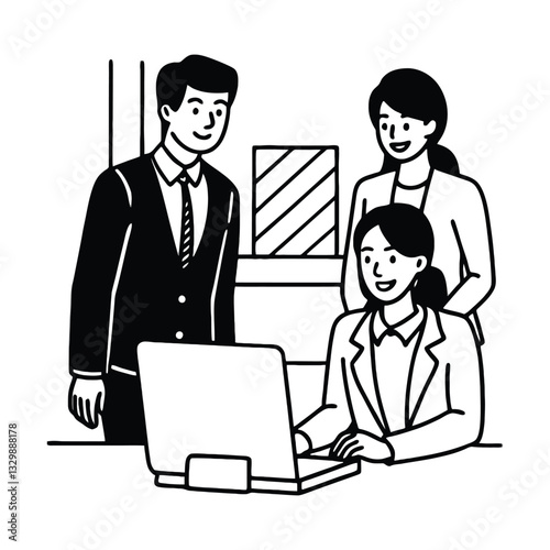 Focused Collaboration: A monochrome illustration of a business team engaged in a concentrated discussion, gathered around a laptop in a modern office environment.