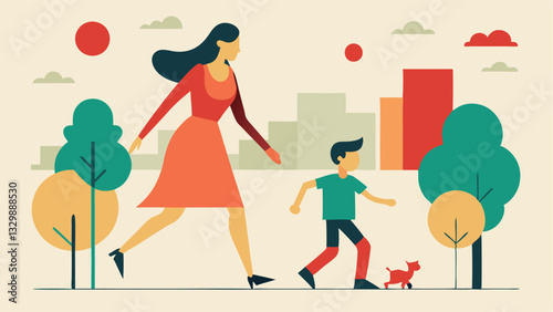 Joyful Mother's Day: Mom and Child Playing Tag in a Vibrant City Park, Celebrating Unconditional Love and Cherished Moments. A heartwarming flat color illustration perfect for     