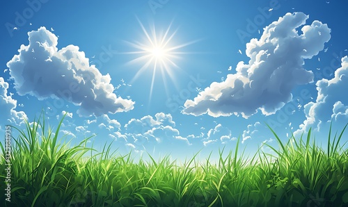 A landscape of grass and blue sky, watercolor painting