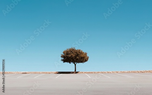 Lone Tree in Empty Parking Lot Under Blue Sky