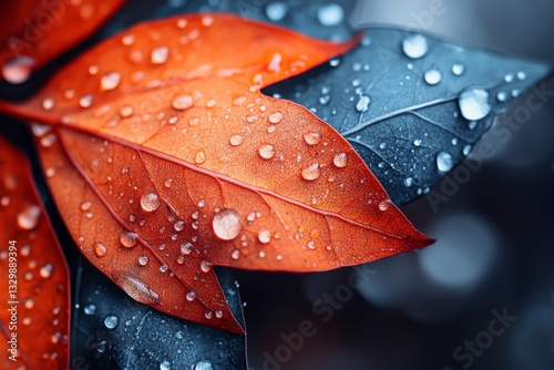 A hyper-realistic close-up of a leaf dissolving under acid rain, with intricate details of droplets eating into the surface and vibrant discolored veins spreading outward