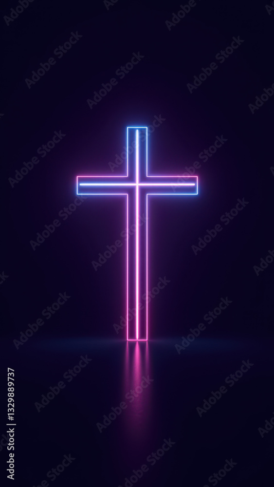 Neon sign depicting a Christian cross set against an urban nightscape. Neon sign depicting a Christian cross set against an urban nightscape.
