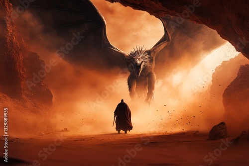 A majestic dragon flying through a canyon, its massive wings creating gusts of wind that scatter leaves and dust