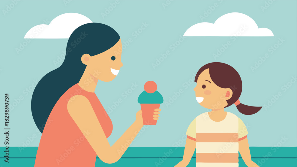 Sweet Mother's Day Delight: Mom and Child Sharing Joyful Ice Cream Cone, Flat Color Illustration, Perfect for Cards, Banners, and Social Media Posts. Celebrate the sweetest bond Sweet Mother's Day Delight: Mom and Child Sharing Joyful Ice Cream Cone, Flat Color Illustration, Perfect for Cards, Banners, and Social Media Posts. Celebrate the sweetest bond