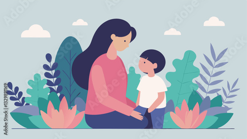Tender Motherhood: A heartwarming flat-color illustration of a mother and child sharing a peaceful moment together in a modern, minimalist setting. Perfect for Mother's Day cards, 