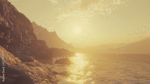 Golden Sunset over Rocky Coastline and Calm Ocean