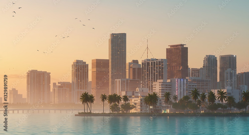 Naklejka premium Miami Skyline at Sunrise: A Breathtaking Golden Hour View