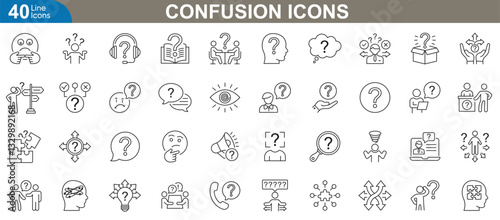 Confusion icons set. Representing uncertainty, puzzlement, ambiguity, visualizing doubt, misunderstanding, complex situations spiral eyes and more. Vector illustration