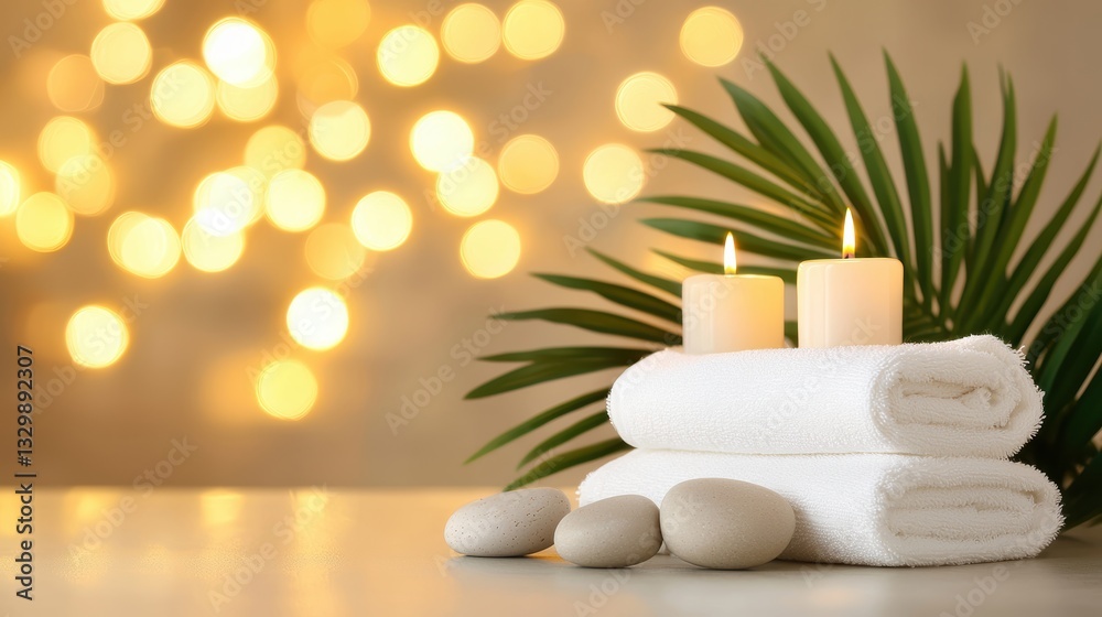 Tranquil spa scene, candlelight and soft towels on a table for ultimate relaxation Tranquil spa scene, candlelight and soft towels on a table for ultimate relaxation