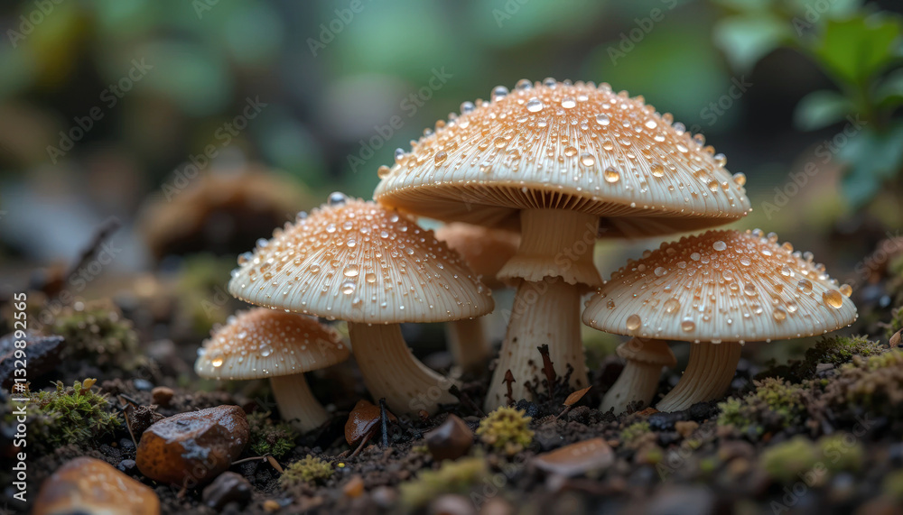 Cluster of mushrooms with water droplets on caps in forest floor setting, surrounded by moss and small pebbles Cluster of mushrooms with water droplets on caps in forest floor setting, surrounded by moss and small pebbles