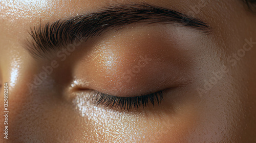 Close-up of closed eye with smooth skin and glossy eyelid.