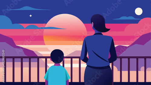 Mother's Day Sunset: A heartwarming illustration of a mother and child silhouetted against a vibrant, colorful sunset, sharing a tender moment of love and connection. Perfect for  