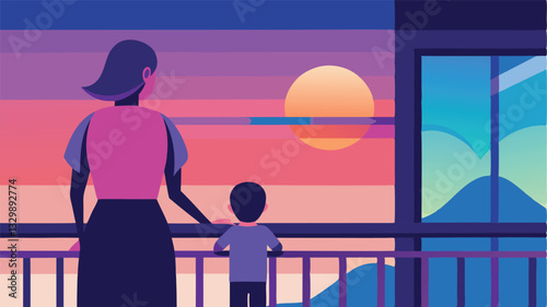 Sunset Serenity: A Mother's Love, A Child's Wonder. A heartwarming flat color illustration depicting a loving mother and child sharing a magical sunset moment, filled with joy and 