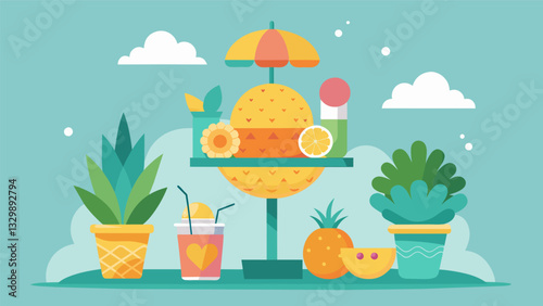 A whimsical stand shaped like a giant pineapple offering fruity iced teas and pineappleshaped sugar cookies.. Vector illustration