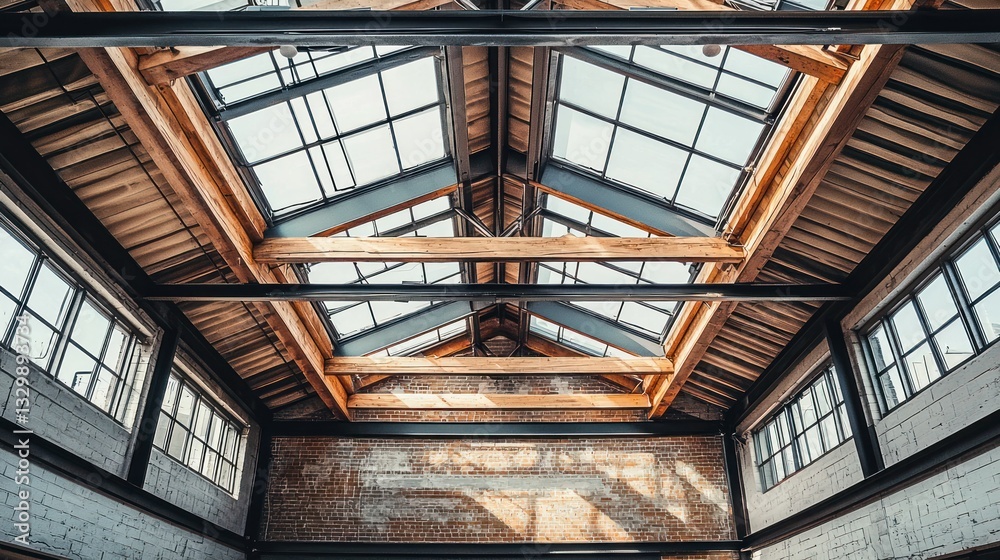 Fototapeta premium A warehouse-style industrial ceiling with skylights and metal framework in a spacious loft.