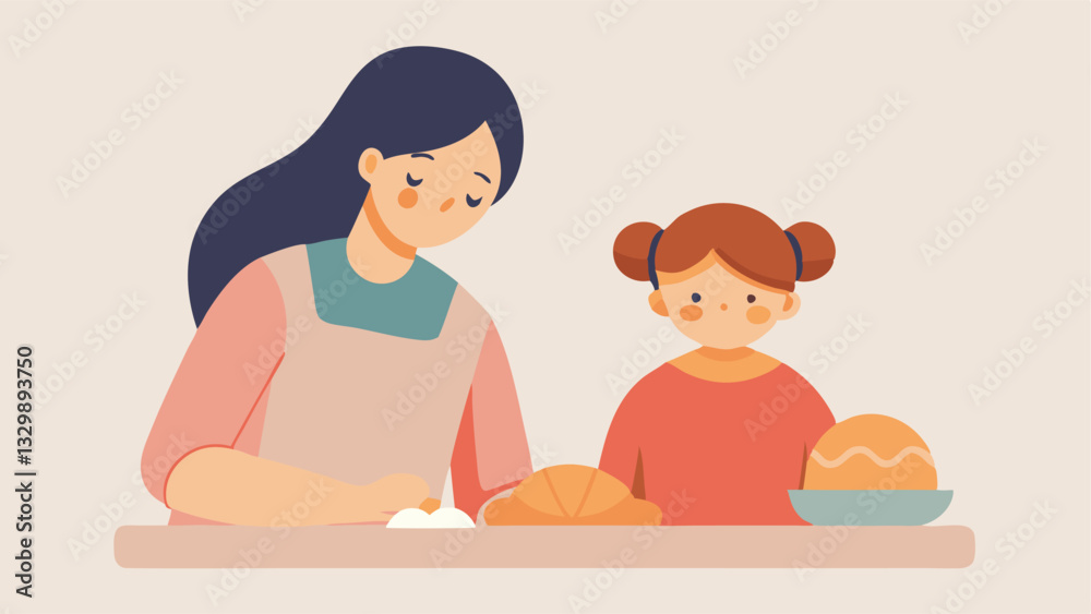 Fototapeta premium Mother's Day Baking: A heartwarming flat color illustration of a mother and daughter bonding while joyfully creating artisan bread together. Perfect for cards, websites, and blogs 