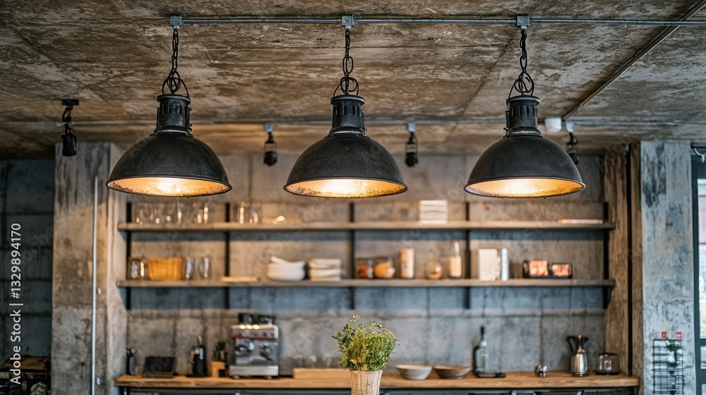 Obraz premium An industrial-style space with a concrete ceiling and pendant lights hanging over a workspace.