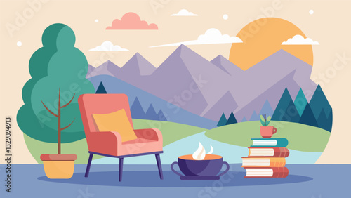 A tranquil reading space with a cozy reading chair a side table for books and snacks and a view of a peaceful landscape perfect for getting lost in a good story without any. Vector illustration