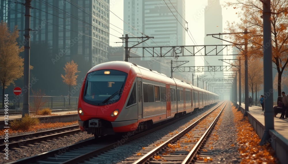 Naklejka premium High-Speed Passenger Train Arriving at City Station Platform on Autumn Day with Trees and Fallen Leaves