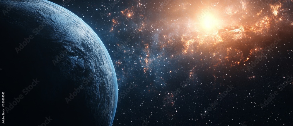 A planet is in the foreground and a bright sun is in the background