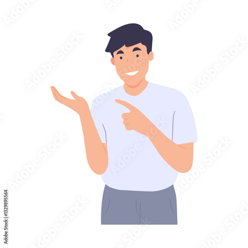 Man standing, pointing finger hand. Male smart introduce advertisement products. Flat vector illustration. 