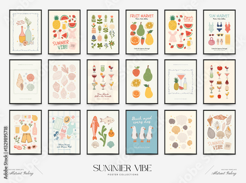 Abstract childlike summer vibe posters template. Modern trendy minimal style. Hand drawn Rounded design for wallpaper, wall decor, print, postcard, cover, template, banner.