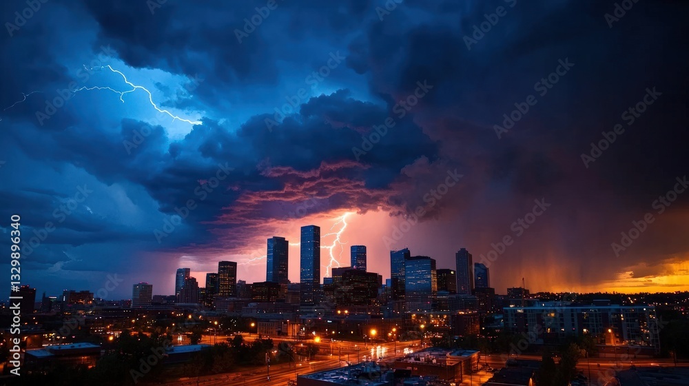 Fototapeta premium Dramatic city skyline during a thunderstorm