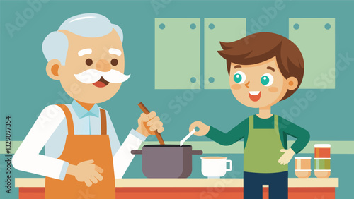 A grandfather and grandson wearing matching aprons stirring a pot of soup on the stove.. Vector illustration