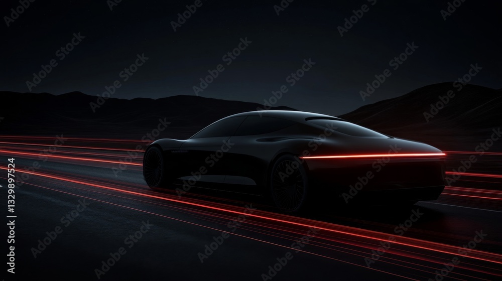 Naklejka premium Sleek Black Electric Car Driving on a Dark Desert Road at Night
