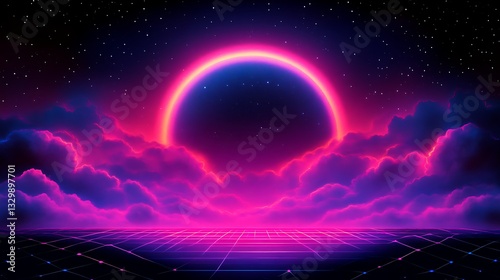 A futuristic landscape featuring a glowing circle and starry sky