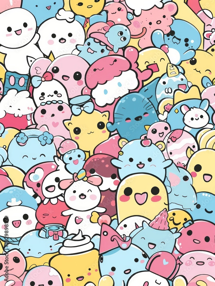 This illustration is a masterful blend of kawaii-inspired characters, pastel colors, and playful energy, radiating joy and creativity. This illustration is a masterful blend of kawaii-inspired characters, pastel colors, and playful energy, radiating joy and creativity.