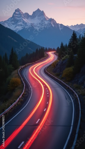 Scenic Mountain Road at Dusk with Car Light Trails - Asphalt Highway in Alpine Landscape